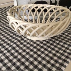 vintage glossy white ceramic basket weave bowl, large oval fruit dish
